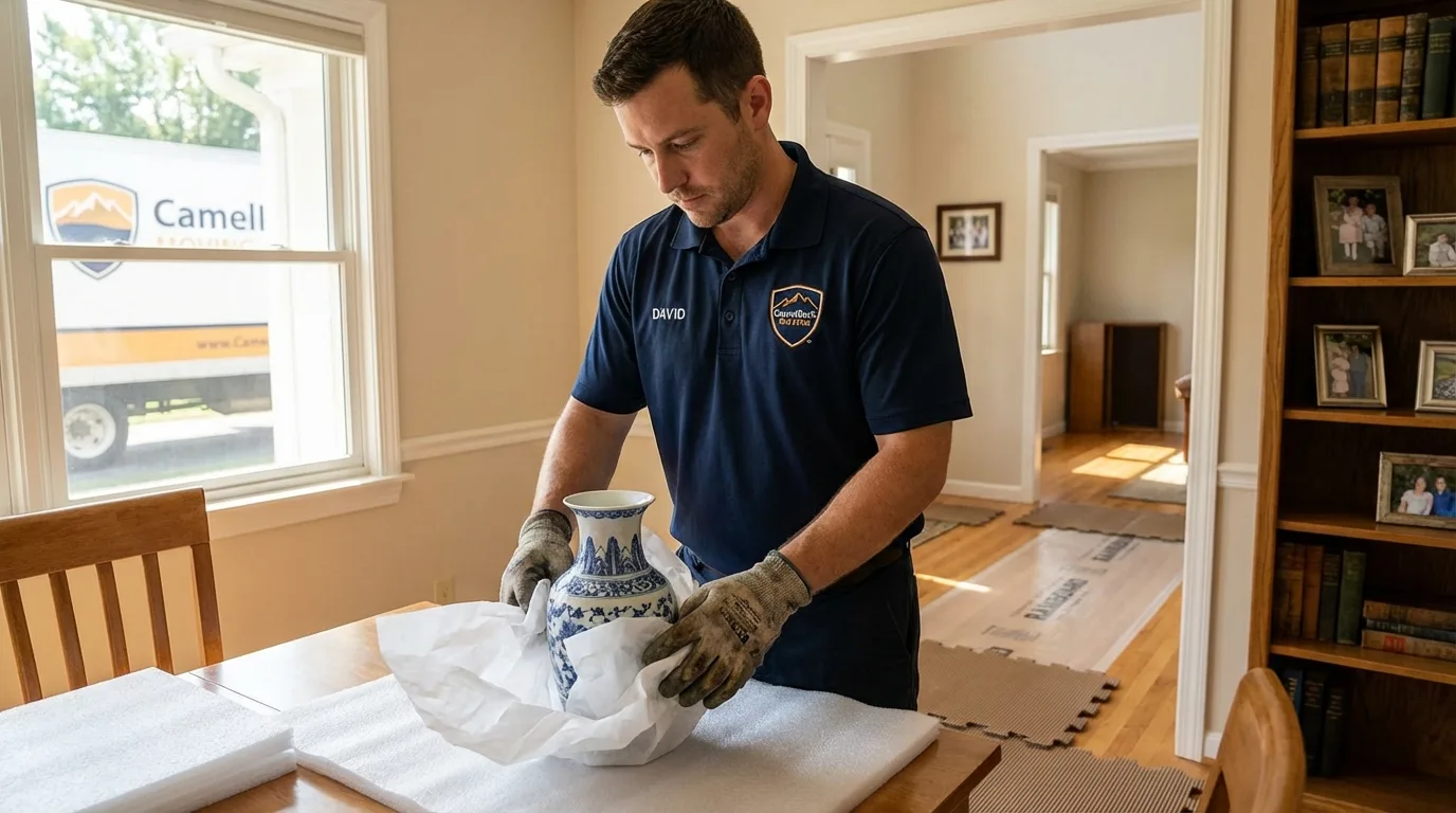Professional crew carefully wrapping antique vase for senior downsizing move in Paintsville, KY